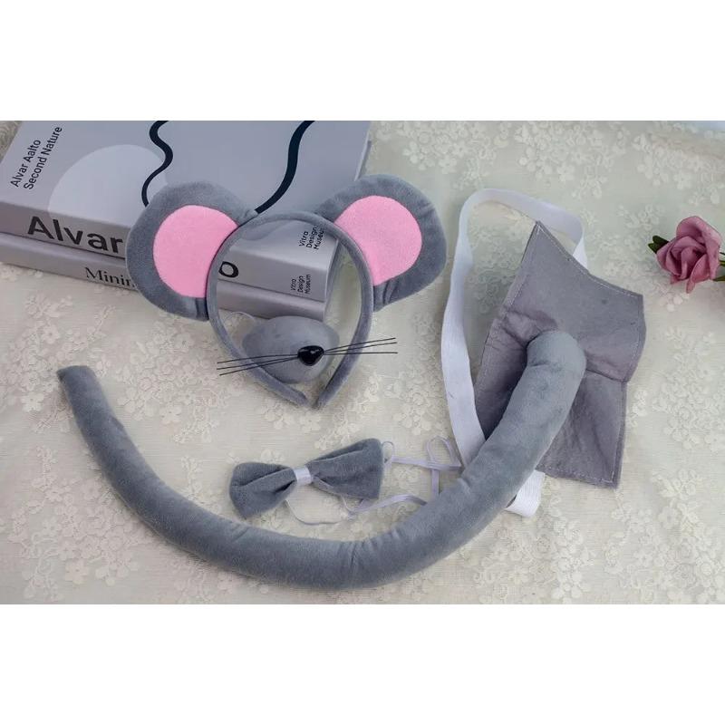 Muis Kostuum Set Oren Hoofdband Neus Staart en Strik Dieren Verkleedset Feest Accessoires Halloween Verjaardag gray