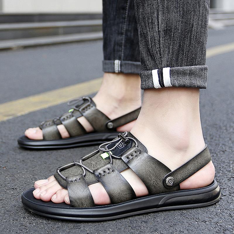 FashionClassic Men's Genuine Leather Sandals Retro Men's Casual Shoes Beach Shoes Outdoor Trendy Flat Shoes Non slip Walking Sandals
