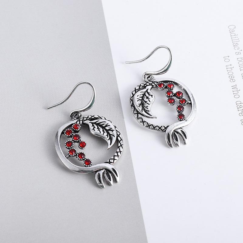 New Red Pomegranate Earrings Womens Fashion Retro Antique Silver Earrings Accessories