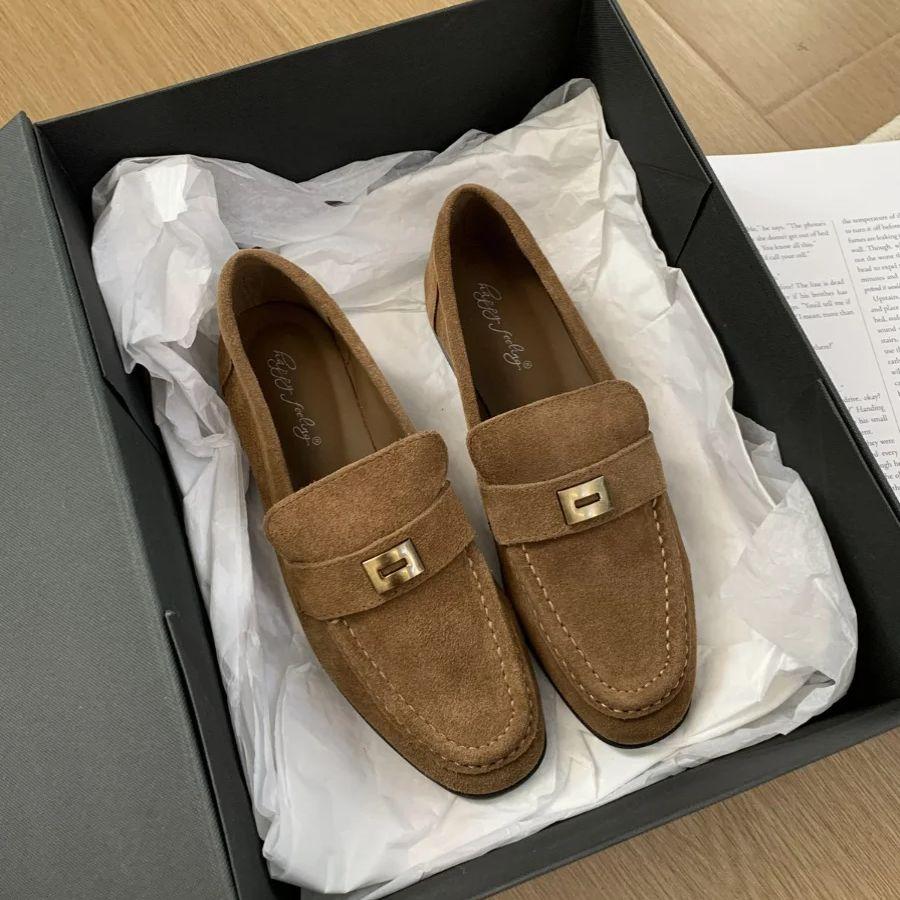 Fashion Bailamos 2024 New Brand Women Flat Shoes Fashion Round Toe Flat Heel Slip On Laofer Shoes Casual Outdoor Gold Buckle Ballerinas