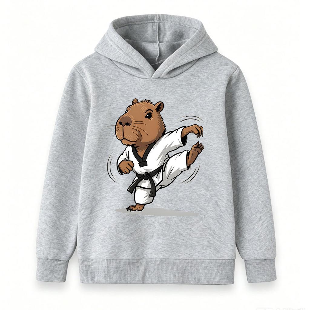 Kids Boys Girls Casual Pullover Hoodie, Funny Capybara Taekwondo Black Belt Karate Kick Cartoon Print Soft Hooded Sweatshirt for Children Daily Wear