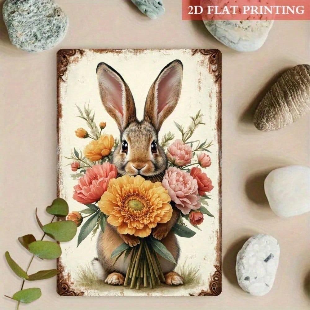 Vintage Shabby Chic Easter Bunny Metal Sign Peach Pink Flowers Farmhouse Wall Art
