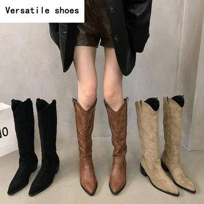 Kvinna Cowboystövlar Mode Slip On Damer Eleganta Fyrkantiga Låg Klack Knähöga Stövlar Skor Damvinterskor