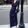 French Navy Blue Hooded Dress Women's Autumn New Long-sleeved Bottom Slim and Thin Hip-wrapped T-shirt Long Dress
