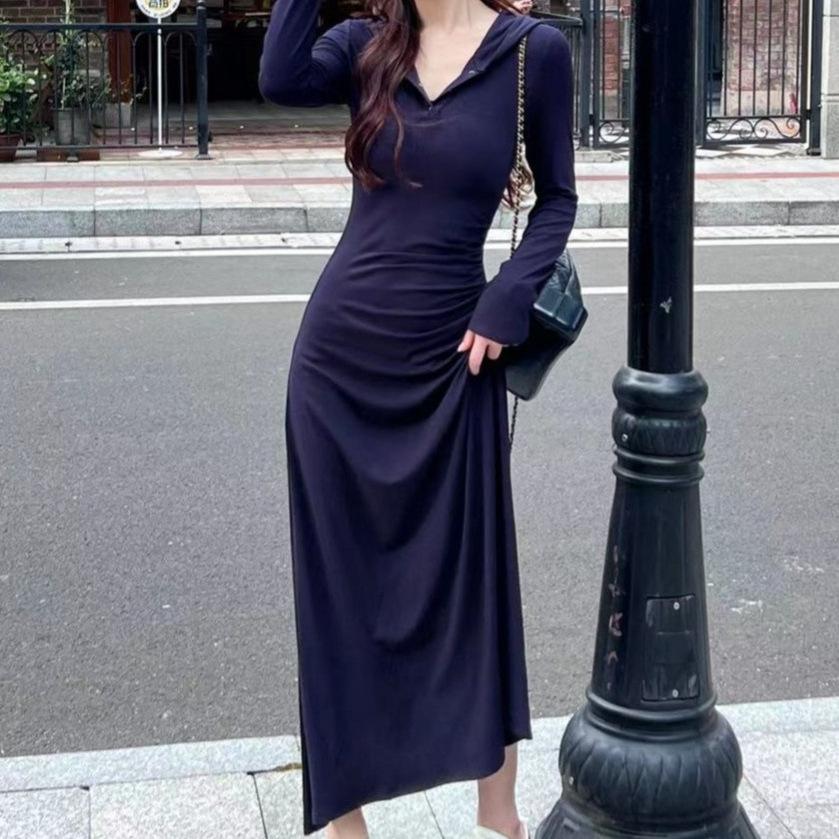 

French navy blue hooded dress women s autumn new long-sleeved bottom slim and thin hip-wrapped T-shirt long dress XL Темно-синій