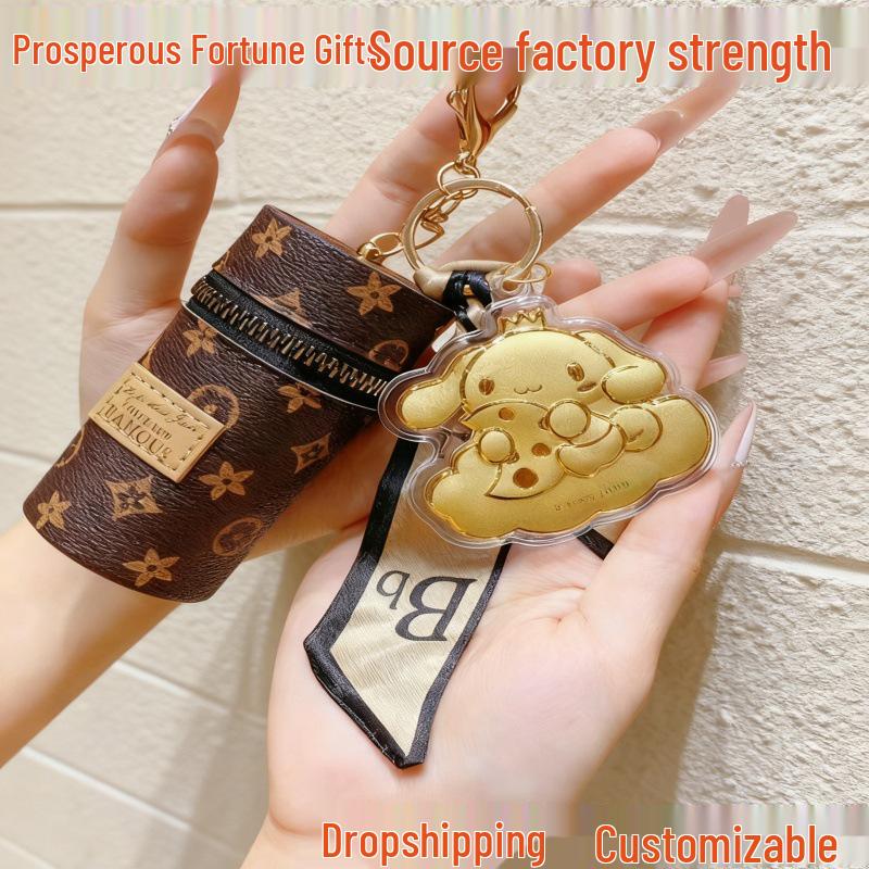 Cinnamoroll Gold Keychain & Monogram Leather Phone Bag with High-End Charm Pendant