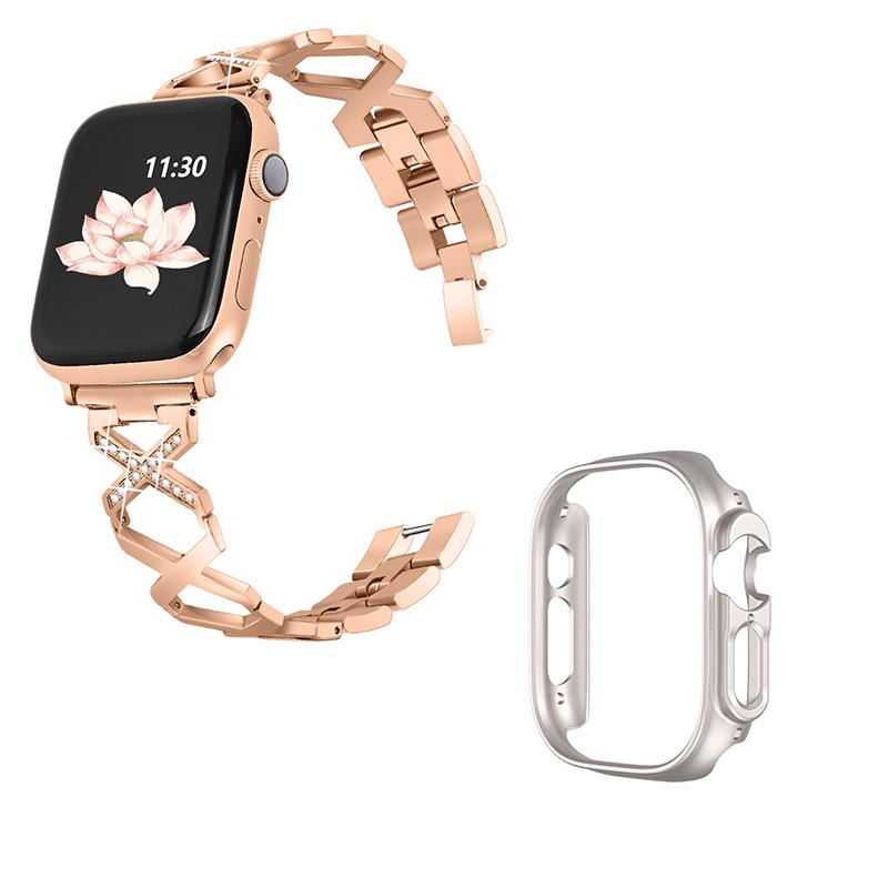 For Apple Watch Ultra 49mm Stainless Steel Watch Band Rhinestone Decor X-shaped Strap Replacement with Hollow Starlight Color PC Watch Case