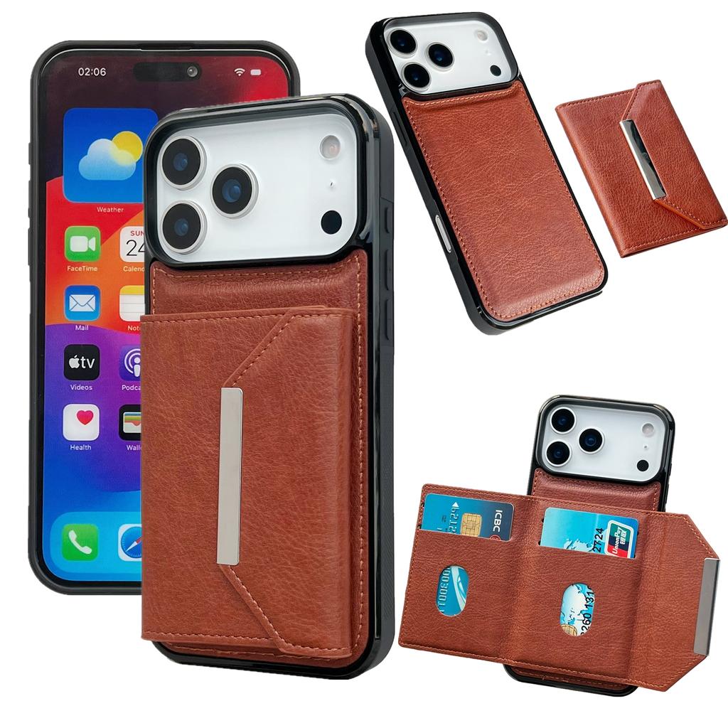 For iPhone 17 Pro Max Case Card Bag Kickstand TPU+PU Phone Cover