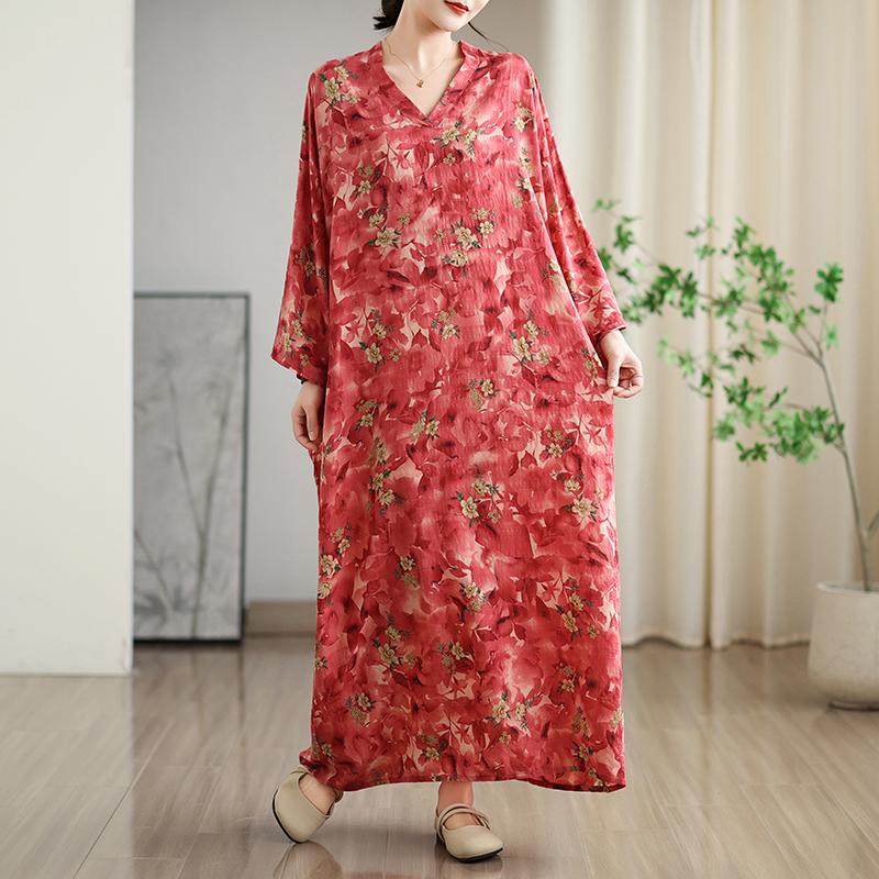 Dimanaf 2025 Women Plus Size Spring Long Basic Dress V-Neck Casual Vintage Dress Loose Floral Dress Maxi