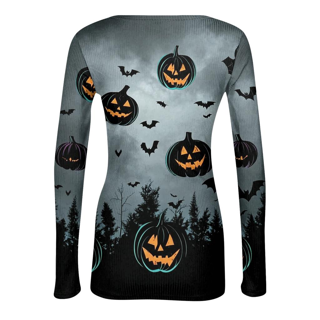 Womens Halloween Print Crew Neck Slim Fit Long Sleeve Base Layer Top Stretchy Casual Pullover Shirt with Patterned Design for Fall Season
