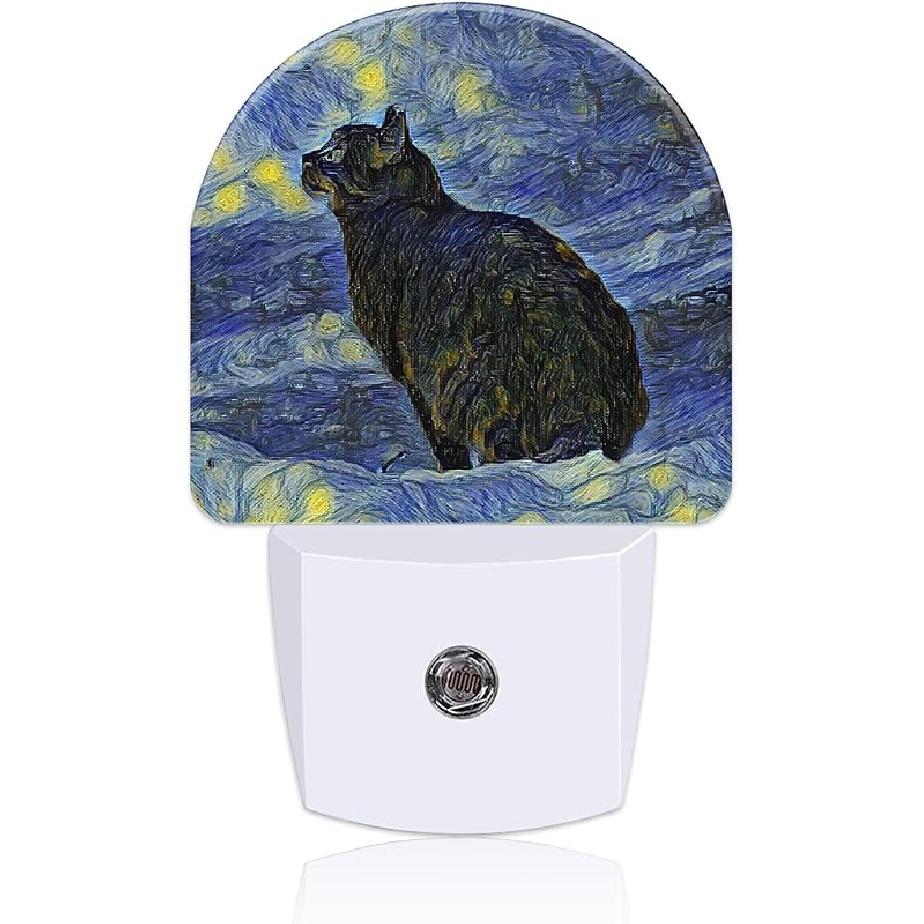 Watercolor Christmas Tree Night Light for Kids, LED Night Light Plug into Wall with Dusk to Dawn Sensor for Girls Boys Women Men Room Decor, Hallway, Starry Sky Black Cat Pain