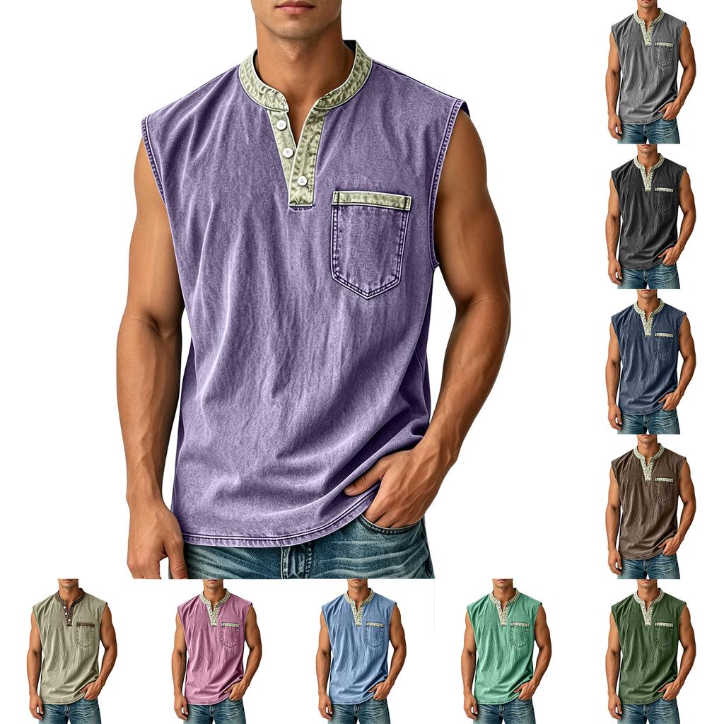 Men Sleeveless Casual Vest Three Button Henley Neck Pocket Front Cotton Linen Blend Summer Top