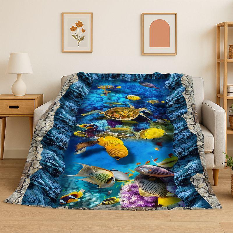 Seabed Illusion 3D Underwater World Dolphin Cartoon Flannel Blanket Soft Throw Blanket for Bedroom Living Room Bed Travel Nap