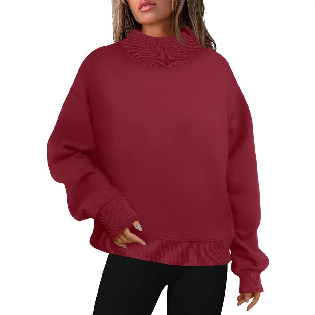 Womens Autumn Winter Cozy Fleece Hoodie With Half High Neck For Casual Daily Wear