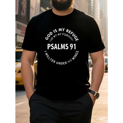 European Sizes Plus Size Men'S T-Shirt - Soft, Breathable Black Crew Neck with Psalm 91 Graphic, Ideal for Faith-Based Casual Wear
