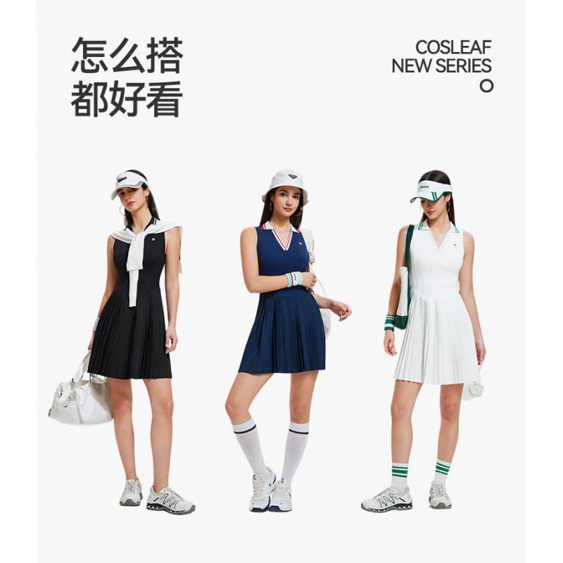 Womens Tennis Dress With V-Neck Waist-Cinching Fit Pleated Skirt Quick-Dry Sportswear Badminton Pickleball Active