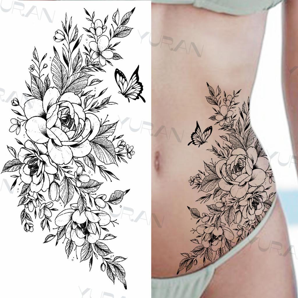 Zwarte Grote Slang Bloem Fake Tattoo Sticker Voor Vrouwen Dot Rose Pioen Tijdelijke Tattoos DIY Water Transfer Tatoos Meisjes