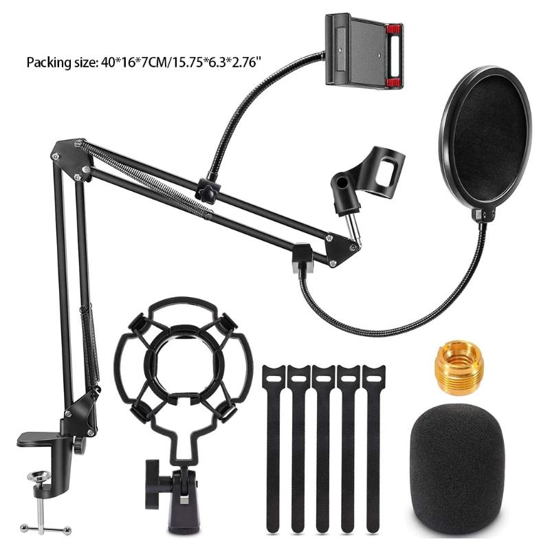 Microphone Desk Arm Stand Mount Boom Scissor Smartphone Clip Mic Holder with Tripod Mic Arm 360 Degree Rotation