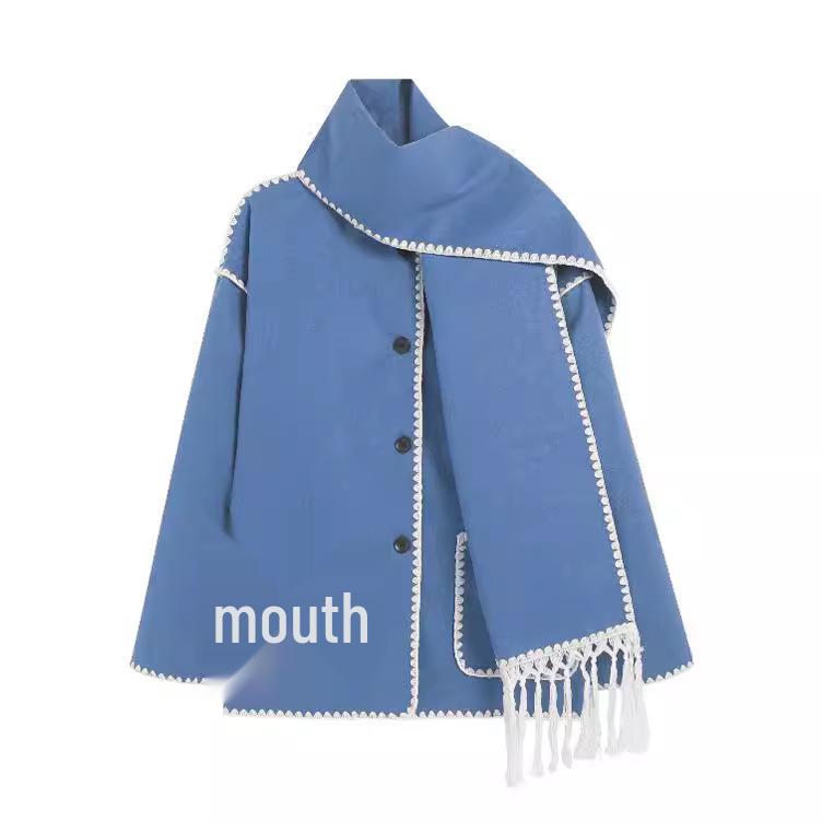 Evropský a americký dámský vlněný kabát 2023 s šálou a střapci - Zesílený, volný střih.