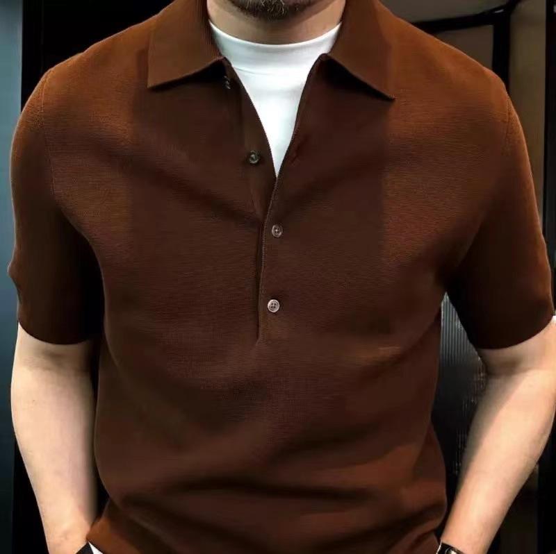 Solid Color Lapel Polo Shirt Men'S Simple Style Slim Fit High-End Short-Sleeved T-Knitted Top
