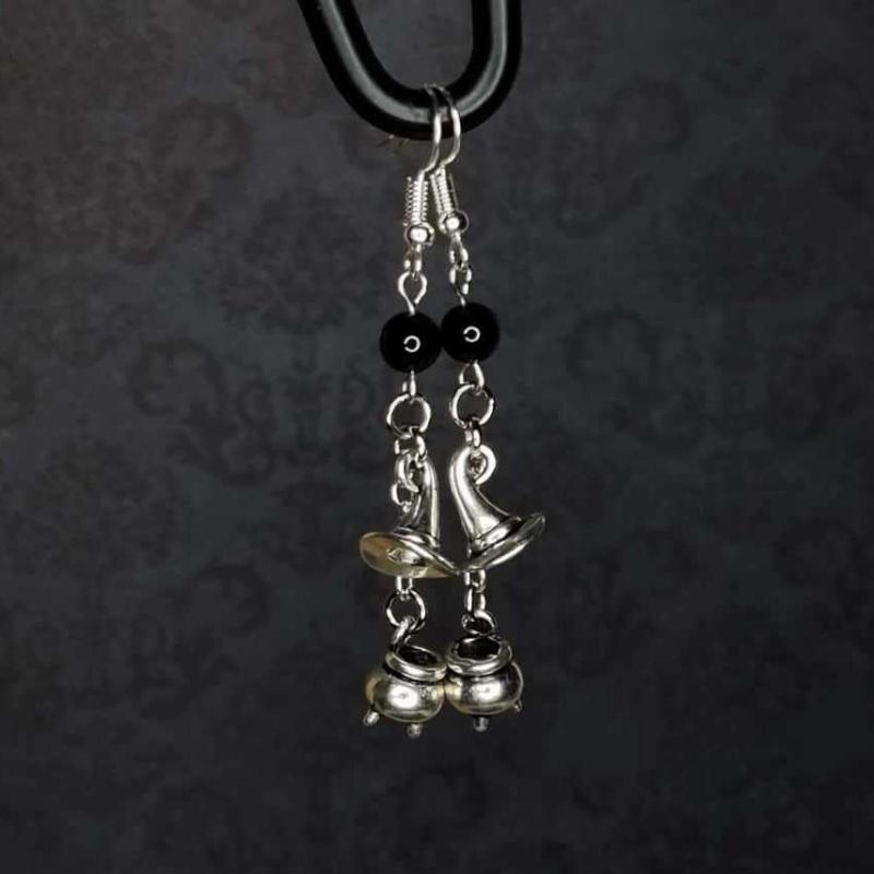 

Gothic Wizard Hat Earrings Vintage Black Beads Sliver Color Ear Hooks Witch Zircon Accessory