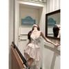 Kumikumi Pure Desire Style Mesh Patchwork Sling Dress Women Summer Age-Reducing Lace Lace-up Waist Hugging A- Line Skirt