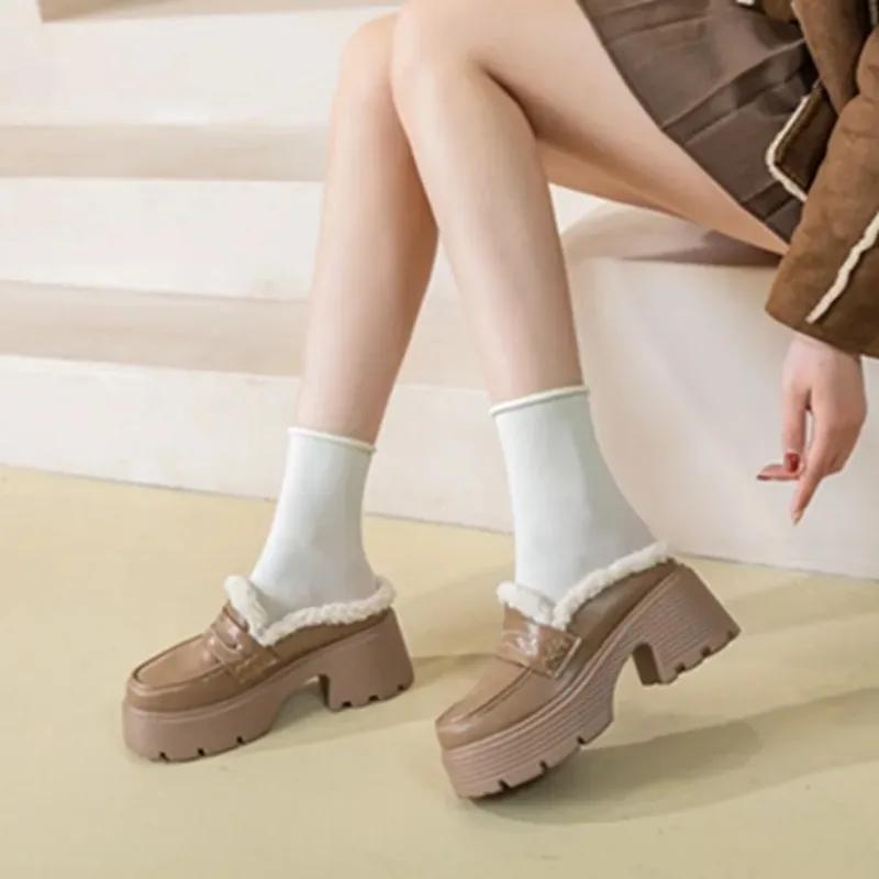 Fashion 7cm 2024 Genuine Leather Brown Fur Slippers Platform Wedge Autumn Spring Winter Plush Women Mary Jane Warm Fashion Slides Shoes