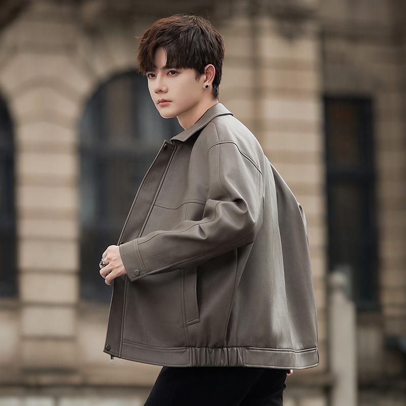 Matte Lychee Texture PU Leather Jacket Men's Spring and Autumn Casual Jacket Loose Lapel Locomotive Trend