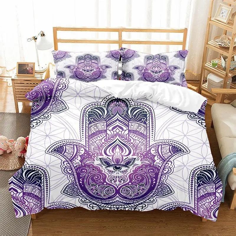 Hamsa Hand Bettbezug King Queen Boho Schwarz Gold Glückshand Fatima Bettwäsche Set Hippie Paisley Tribal Polyester Steppdeckenbezug