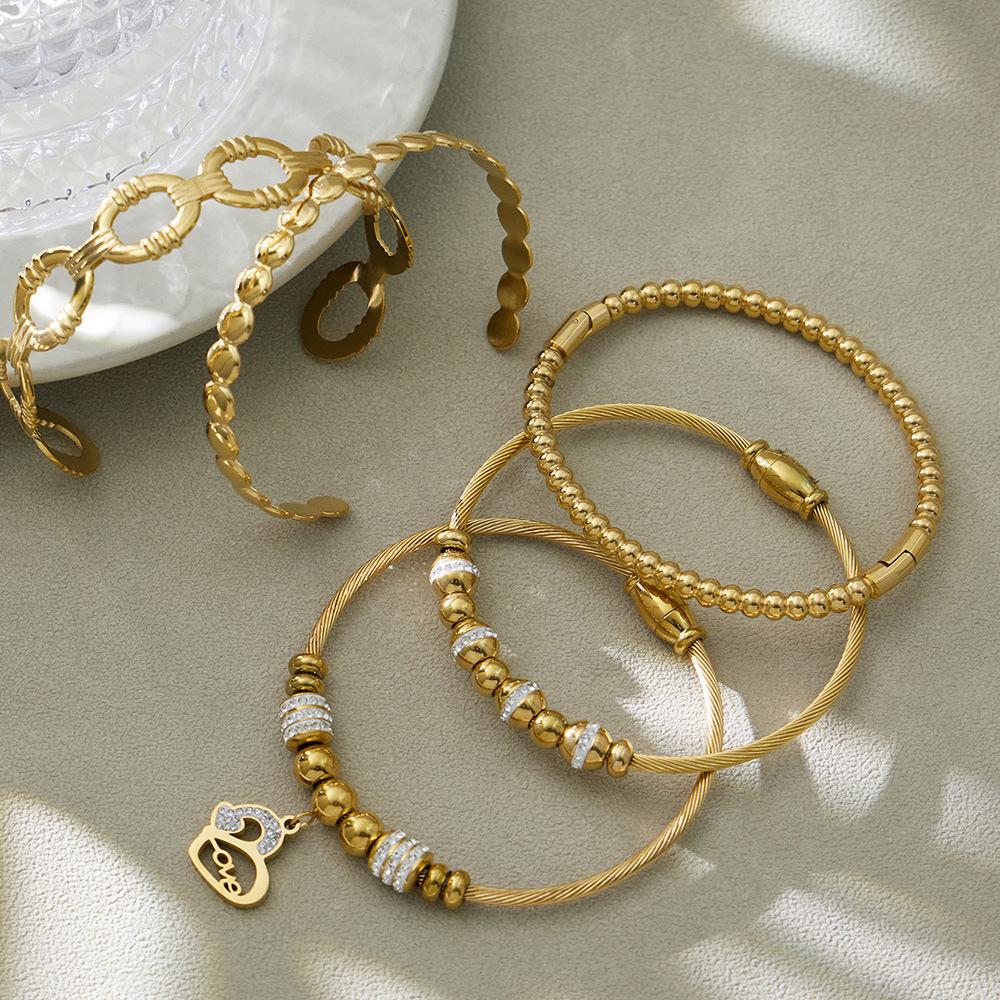 18K Gold-Plated Stainless Steel Geometric Zircon Bracelet Set - European & American Style, Personalized High-Texture Design.