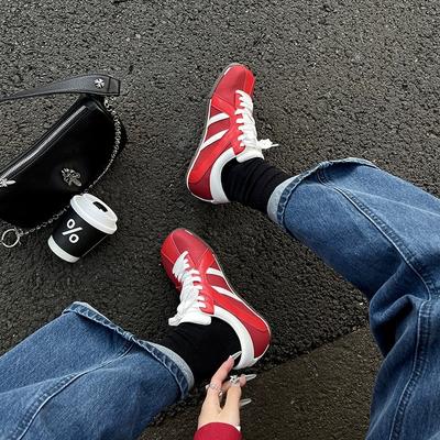 Red German Training Shoes Women's 2025 New Leather Square Head Color Matching Zebra Shoes Casual Sports Forrest Gump Shoes