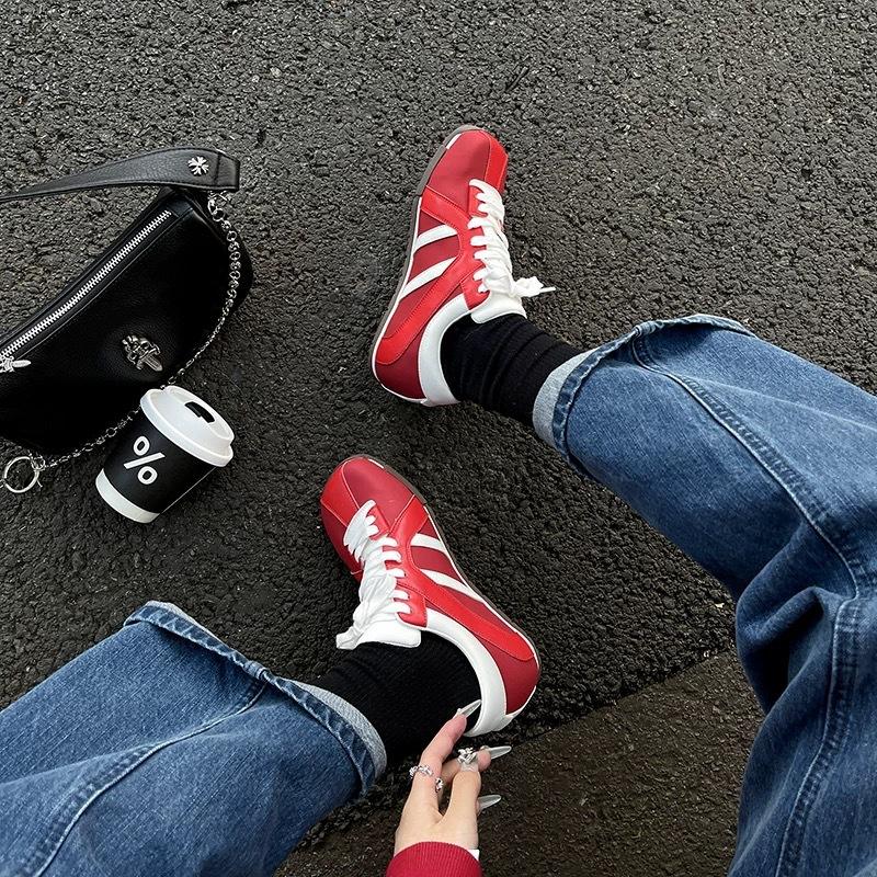 Red German training shoes women's 2025 new leather square head color matching zebra shoes casual sports Forrest Gump shoes