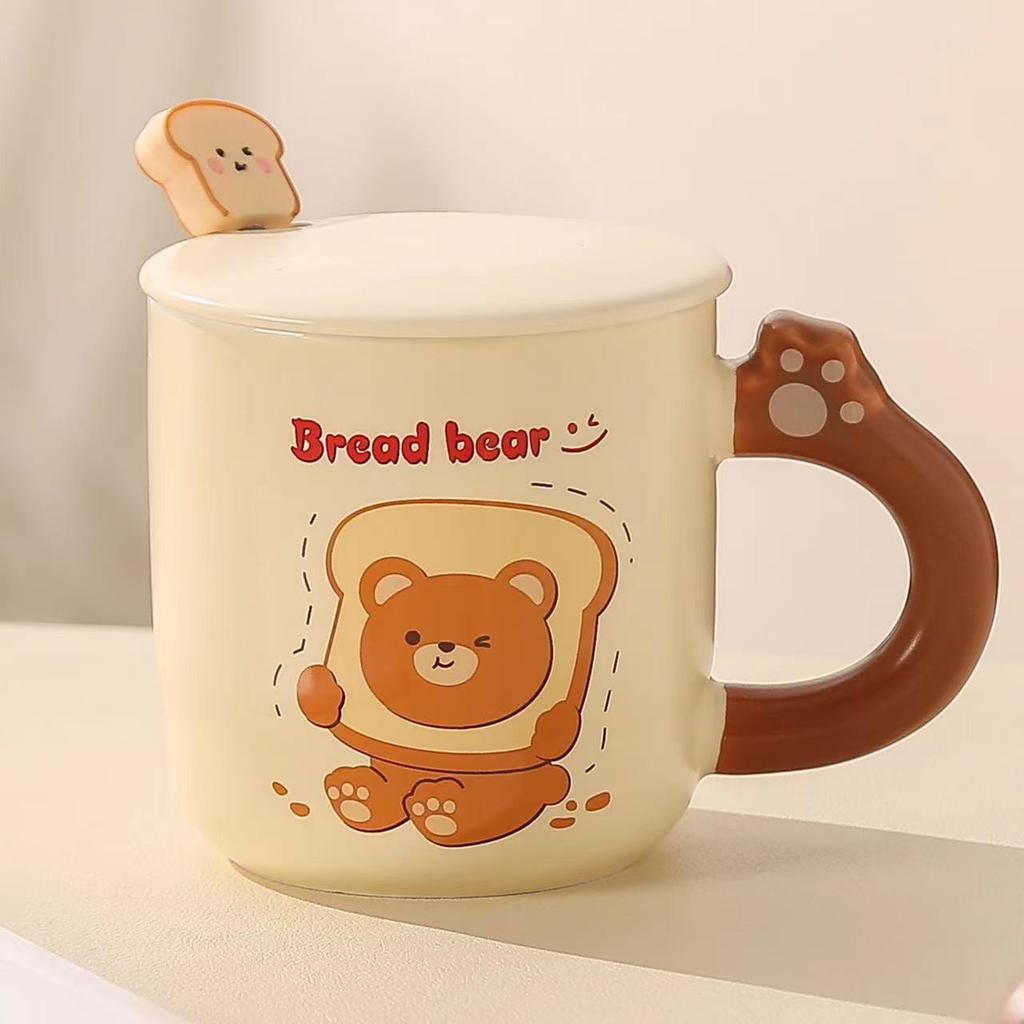 Keramické hrnky Milk Fufu Roztomilé hrnky s medvědem z chleba Hrnky na kávu a mléko pro pár do kanceláře i domů Lžíce s víčkem