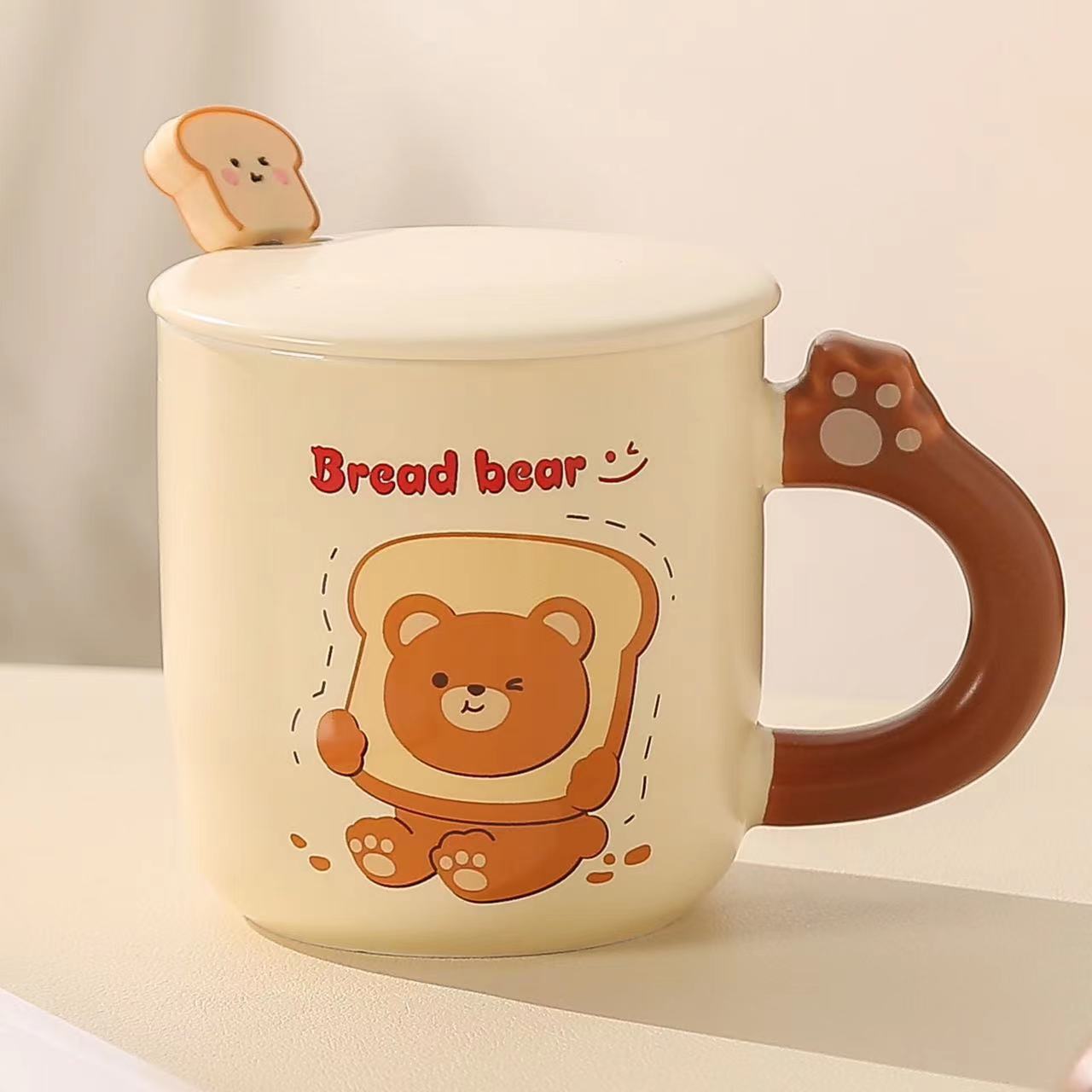 Milk Fufu Ceramic Mugs Cute Bread Bear Cups Covered Spoons Couple s Office and Home Coffee Milk Cups 420ml