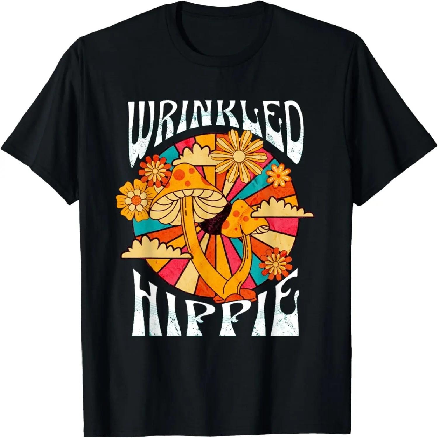 Wrinkled Hippie Retro 60 s 70 s Mushroom Flowers Hippie T-Shirt S чёрный