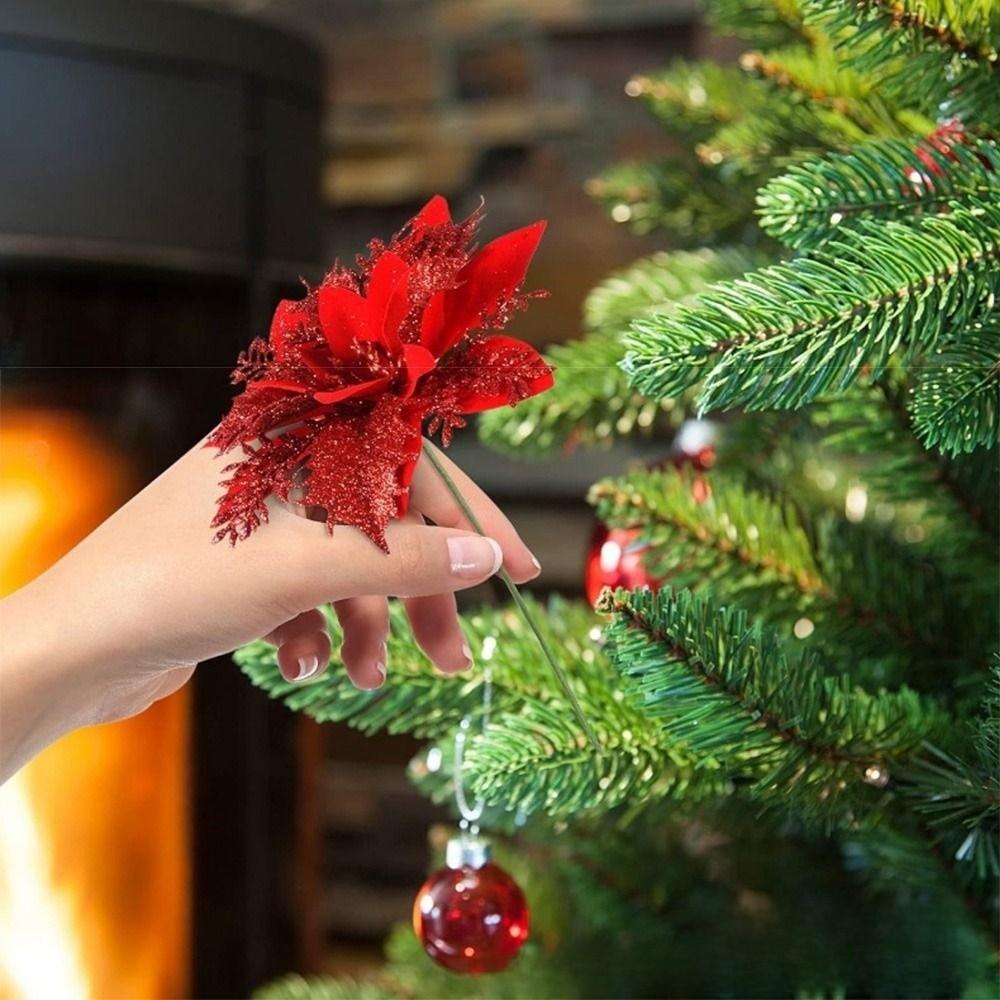 12Pcs With Clips Glitter Xmas Tree Ornaments Multi-color Christmas Floral Decorations  Wedding Decor