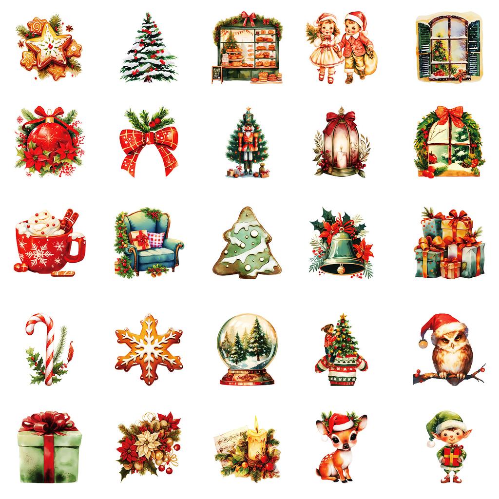 50 PCS Vintage Christmas Stickers - Holiday Decals for Phones, Luggage, Party Decor