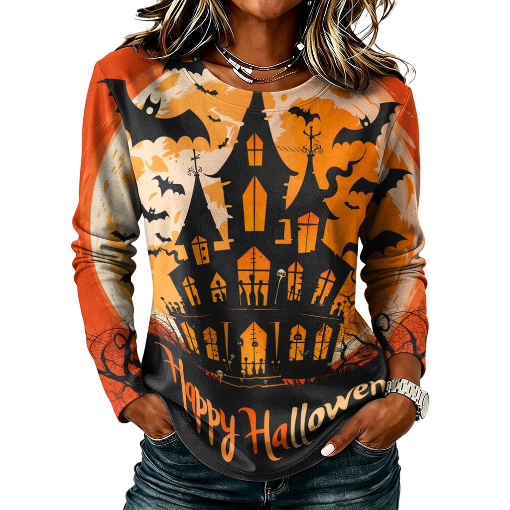 Women's Casual Long Sleeve Halloween Print T-Shirt Round Neck for Fall Parties