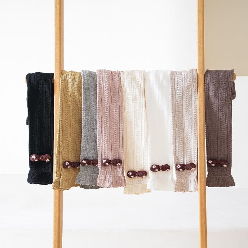 Lovely Baby Girls Trousers Solid Color Cartoon Trousers Knit Side Bowknot Trim Leggings Soft Warm Spring Autumn Cotton Tights