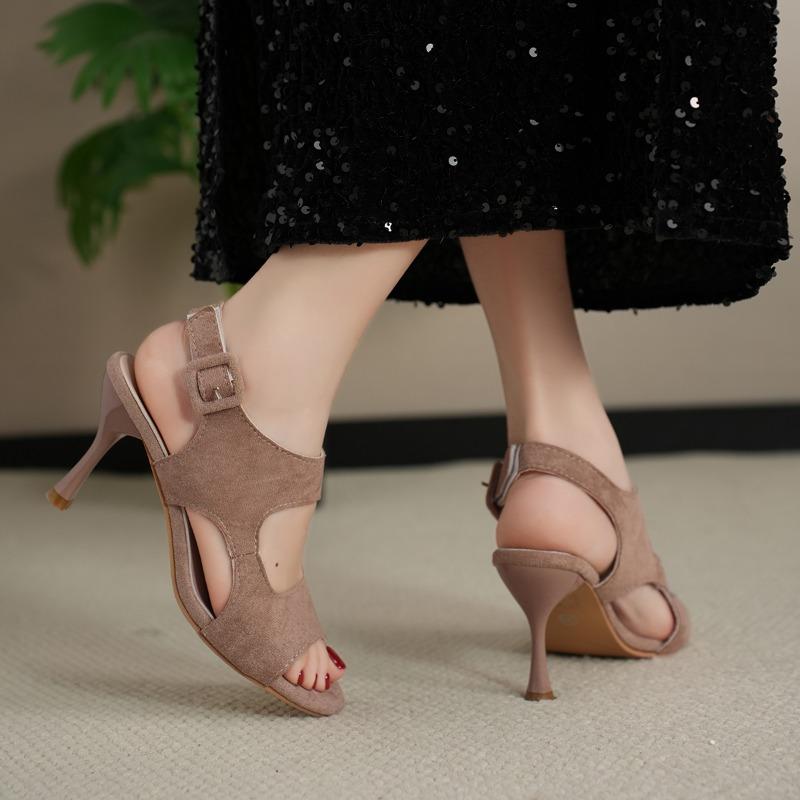 Fashion 2025 Summer New Peep Toe Women's Open Toe Sandals Fashion Party Thin Heels Buckle Strap Shoes Elegant Solid Plus Size Sandals