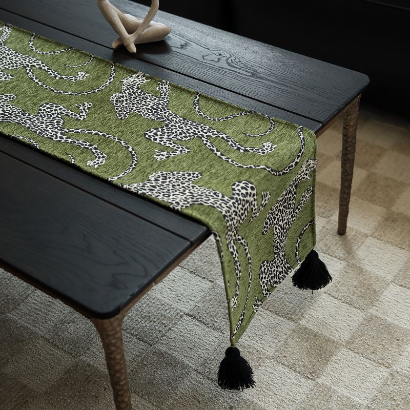

Table Runner Tablecloth Fabric Tassel Strip TV Cabinet Tablecloth Dustproof Waterproof Shoe Cabinet Cover Towel Cover Cloth Green Leopard-Black Panicle Table Flag 30*160cm