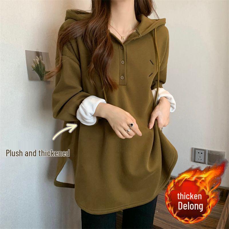 Women's Double-Sided Fleece Hooded Button-Up Loose Long-Sleeve T-Shirt, Slimming Trendy Top - Autumn/Winter 2025