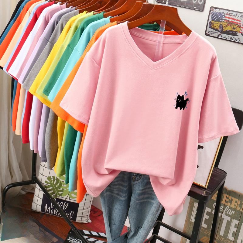 Kortarmet T-skjorte for kvinner, Stor størrelse, Løs og slankende, Trykket V-hals topp