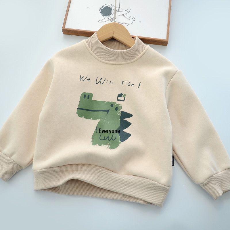 Kids' Fleece-Lined Dinosaur Sweatshirt, Autumn/Winter, Coral Fleece, Half-High Collar, Thickened Warm Top