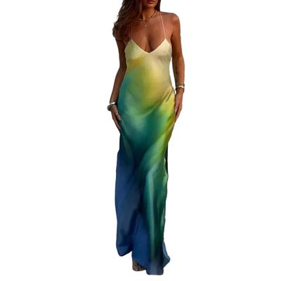 Women's Summer Cami Long Dress Gradient Color Spaghetti Strap V-Neck Backless Beach Party Dress