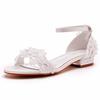 2 Cm Square Heel Shallow Mouth Strap Sandals Ivory White Silk Satin Bride White Lace Flower Sandals