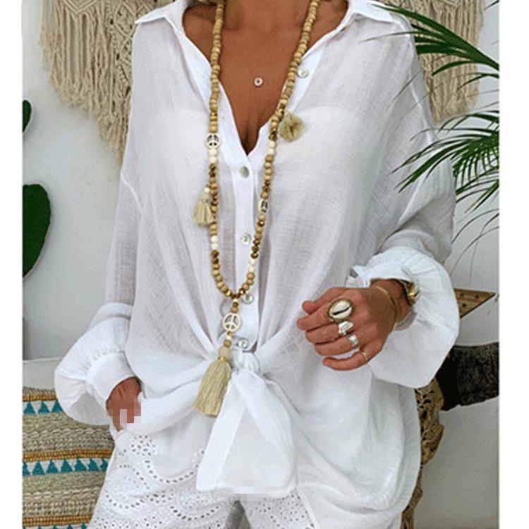 Top a Maniche Lunghe da Donna Taglia Plus Camicia Bianco Tunica Cardigan Casual Largo Bottoni Colletto Classico Bluse Camicie