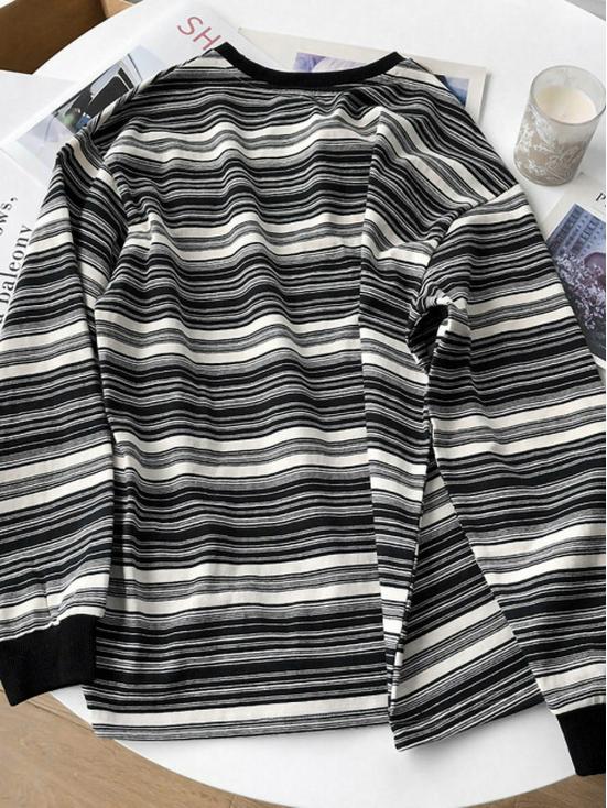 Korean Style Women's Striped Long-Sleeve Loose T-Shirt - Spring/Autumn Round Neck