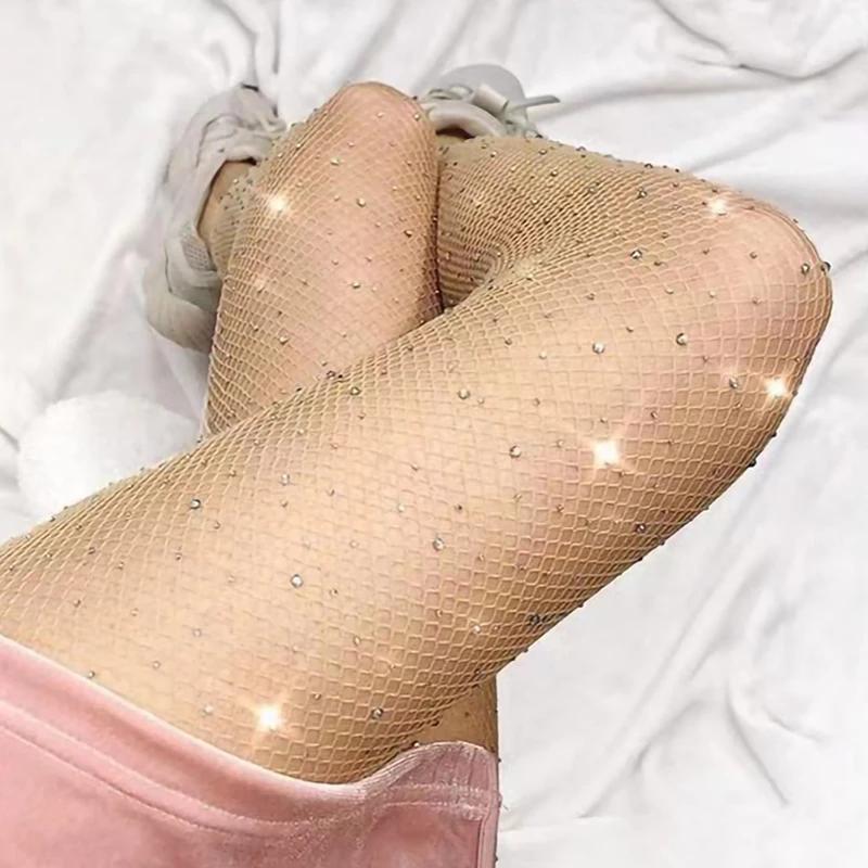 Female Slim Rhinestone Mesh Nylon Shiny Stocking Summer Fishnet Diamonds Pantyhose Women Sexy Fashion Shiny Net Shapewear Tights