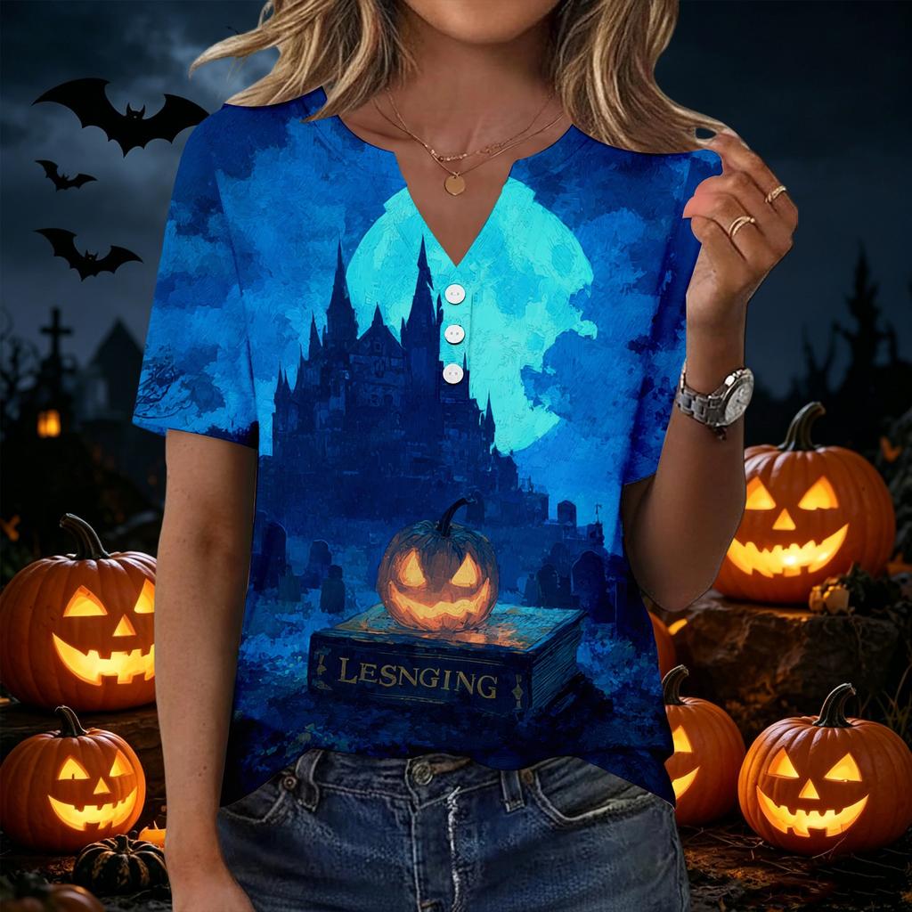 Women's Casual Halloween Print V Neck Short Sleeve Button Front Top Lightweight Comfortable Fit
